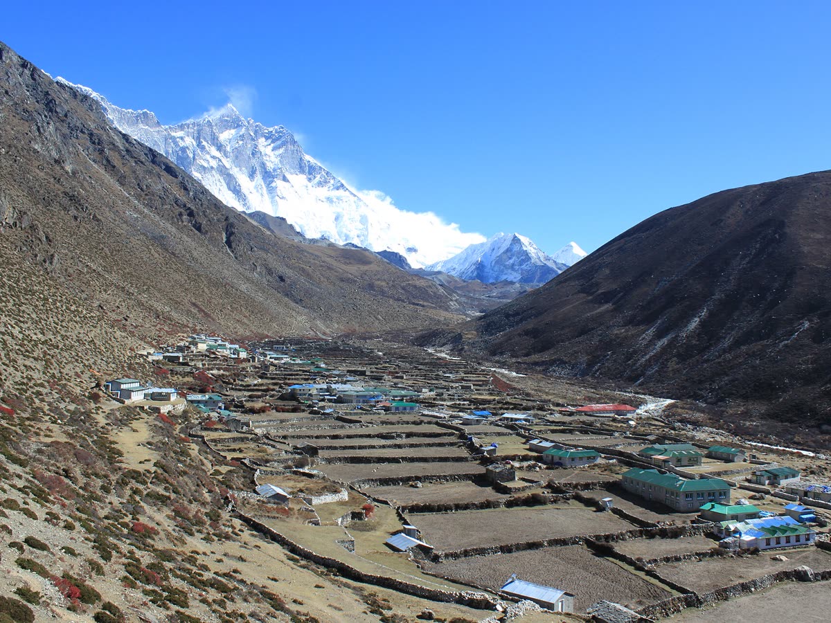 Dingboche's stone-walled fields below Lhotse